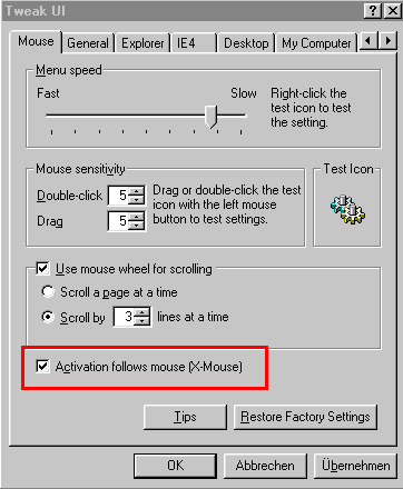Screenshot: TweakUI, Register Mouse
